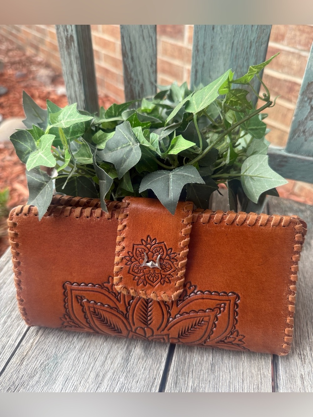 Loyal West Desert Lotus Wallet~ Brown Hand-tooled Leather & Calfskin